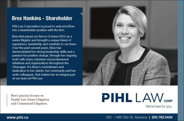 Announcement of Bree Hankins being welcomed as shareholder to the Pihl Law team, featuring text, the Pihl law logo, and Bree Hankins' headshot in greyscale