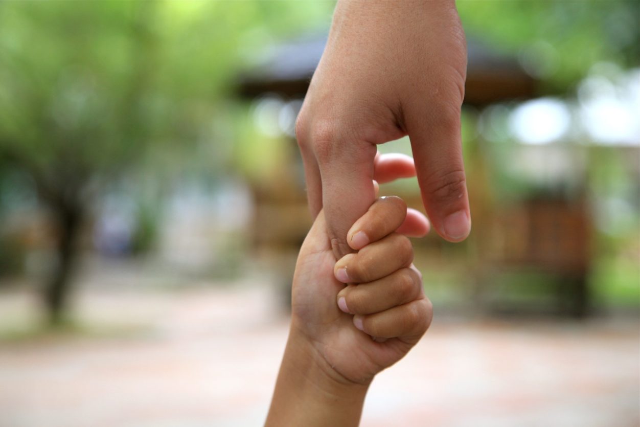 Close-up of a child's hand holding an adult's hand.