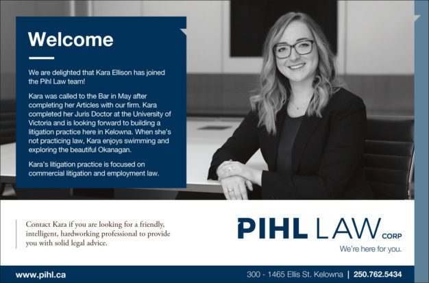 Announcement that Kara Ellison has joined the Pihl Law team, with a black and white headshot of Kara in the Pihl Law Office.