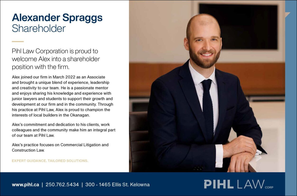 A bulletin notice announcing Alexander Spraggs as Shareholder in the Pihl Law Corp. practice, with details about Alex and his focus in the firm