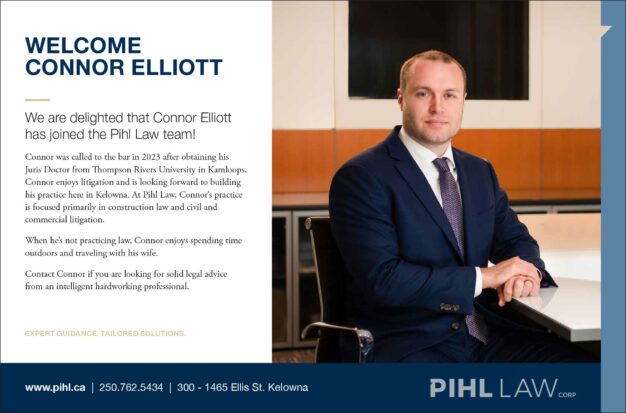 Connor Elliott welcome announcement, with a headshot of Connor sitting at a boardroom table in a navy suit with a purple tie.