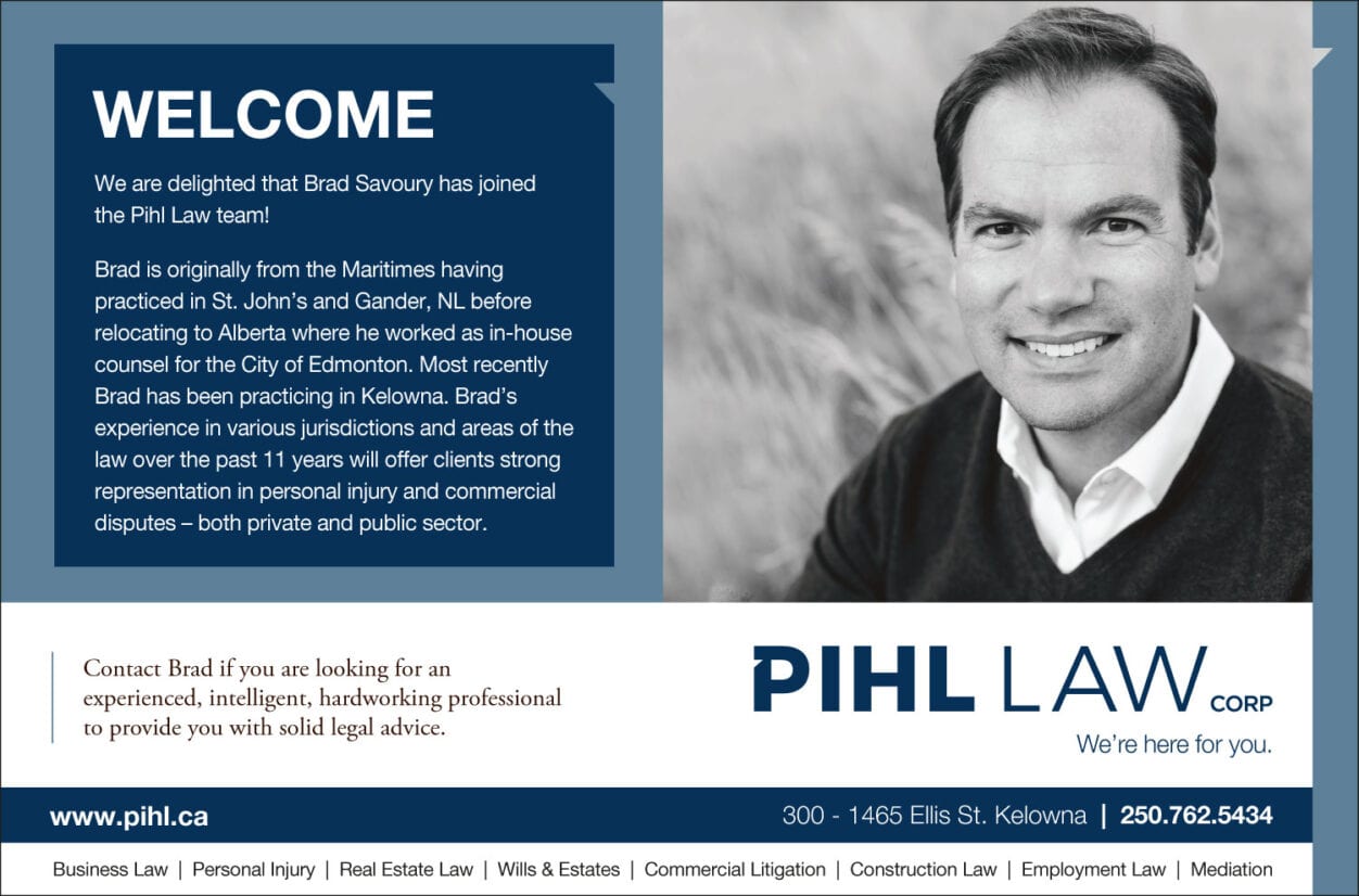 Welcome notice with headshot for Brad Savoury to the Pihl Law team, offering experience in personal injury cases and commercial disputes